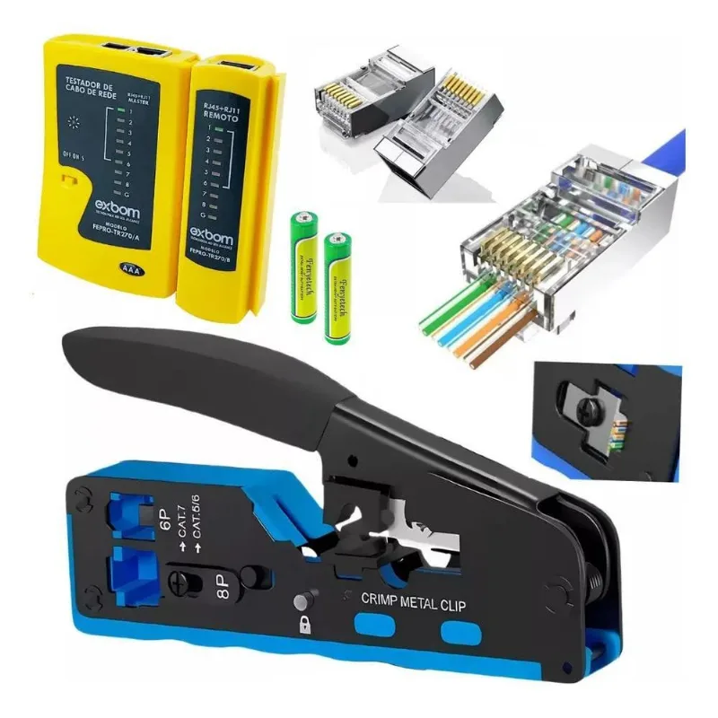 Alicate Crimpar Rj45 Vazado + Testador + 20 Rj45 Blindado Ez