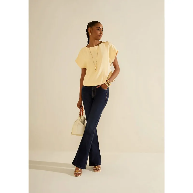 Blusa Morena Rosa Solta Decote Careca Manga Curta Padrão Amarelo P - Morena Rosa