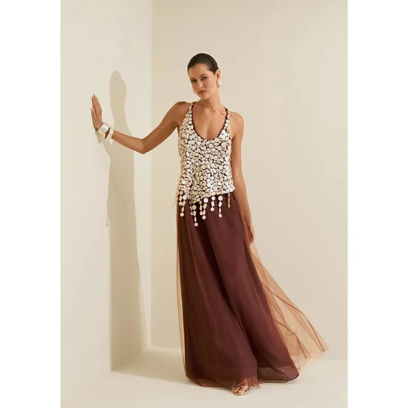 Vestido Longo Umbra Marrom G - Morena Rosa