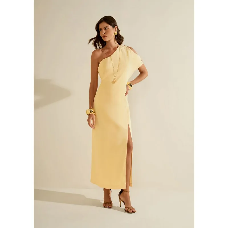Vestido Morena Rosa Ajustado Um Ombro Só Manga Curta Midi Amarelo GG - Morena Rosa