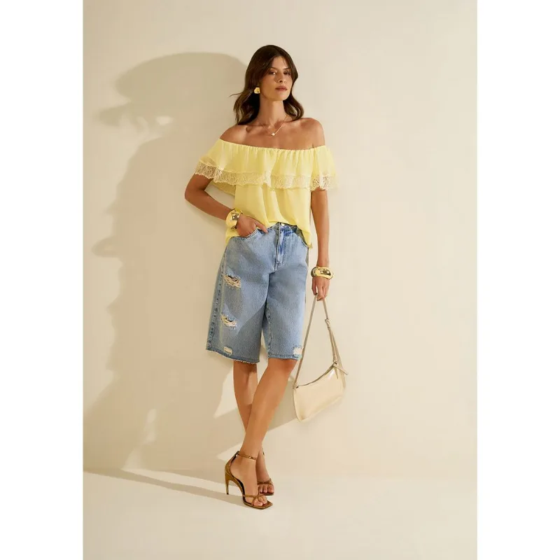 Blusa Morena Rosa Solta Ombro A Ombro Sem Manga Padrão Amarelo M