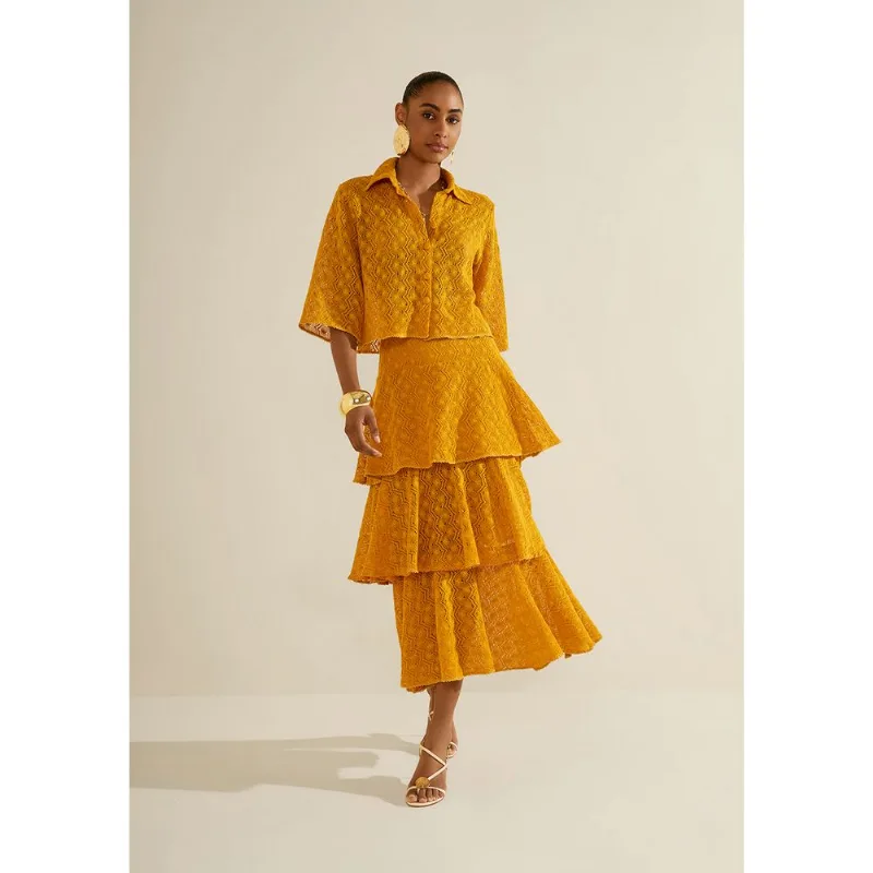 Saia Morena Rosa Evasê Alta Midi Amarelo 38 - Morena Rosa