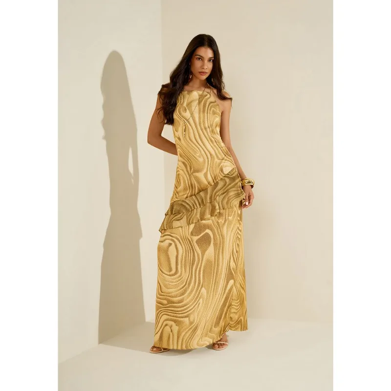 Vestido Morena Rosa Ajustado Decote Costas Com Alça Longo Amarelo GG - Morena Rosa