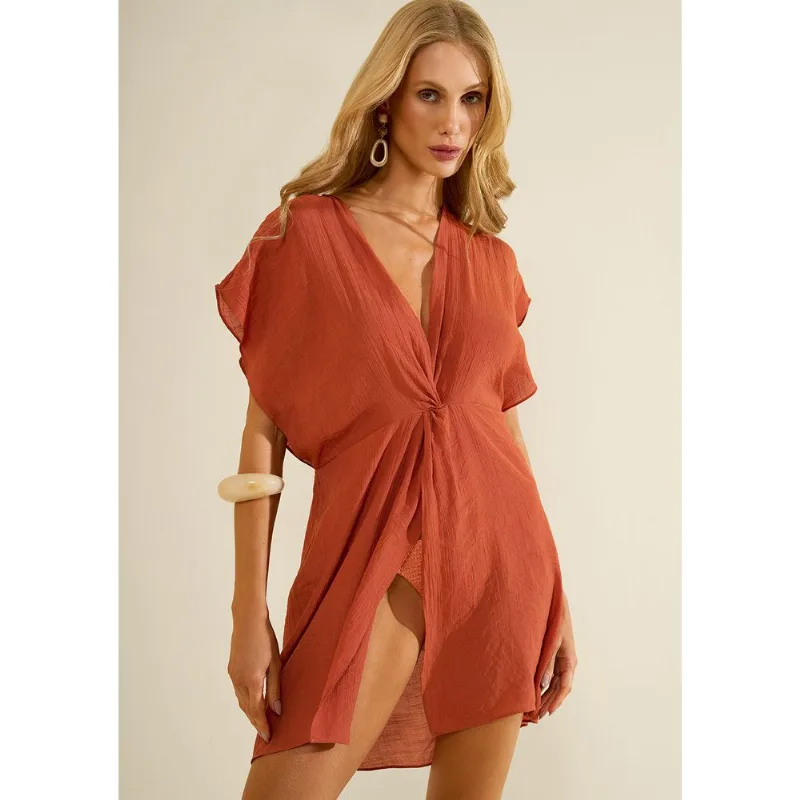 Vestido Morena Rosa Solto Decote V Manga Curta Curto Laranja G - Morena Rosa