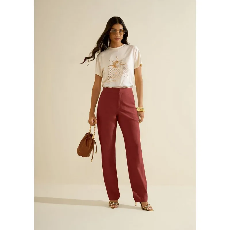 Calça Morena Rosa Reta Alta Marrom 42 - Morena Rosa