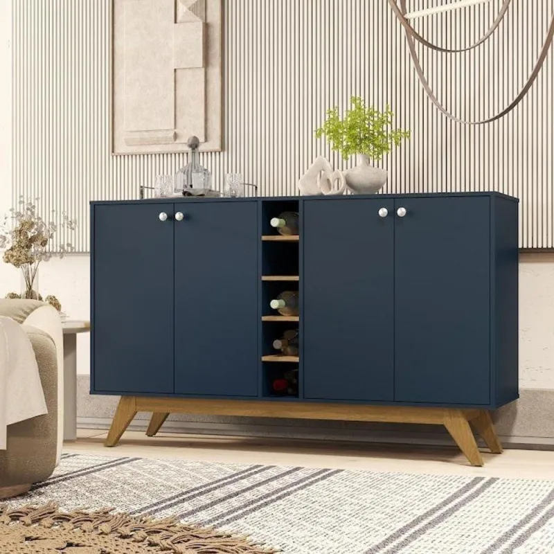 Aparador De Sala Jocasta Com Adega Central E 4 Portas Multiuso Azul - OUTRAS