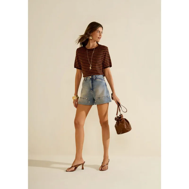 Blusa Morena Rosa Solta Decote Careca Manga Curta Padrão Marrom GG - Morena Rosa