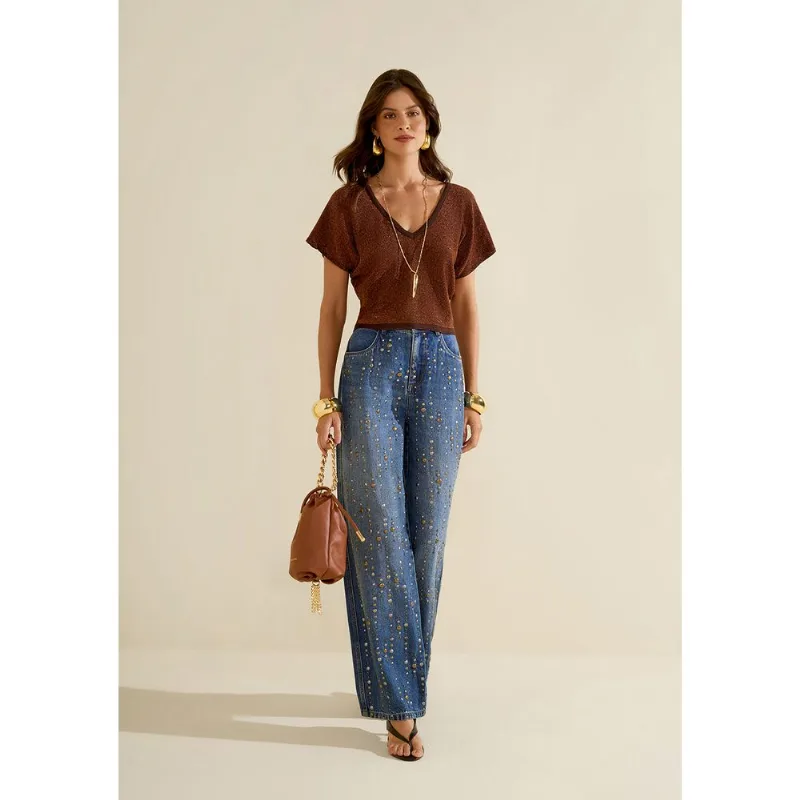 Blusa Morena Rosa Solta Decote V Manga Curta Padrão Marrom G - Morena Rosa