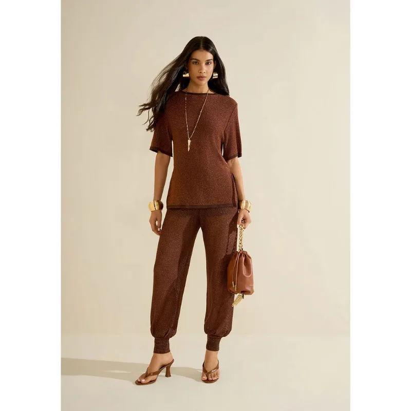 Blusa Morena Rosa Solta Decote Careca Manga Curta Padrão Marrom P - Morena Rosa