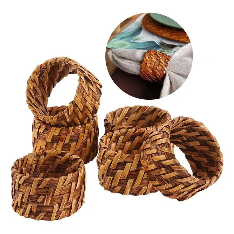 Kit 6 Anéis Para Guardanapo Em Rattan E Bambu Claro Rústico