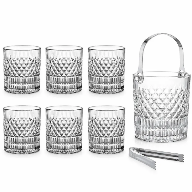 Jogo 6 Copos 310ml e Balde Gelo 1L com Pinça Cristal Drinks Bar Modelo Esplanada L'Hermitage