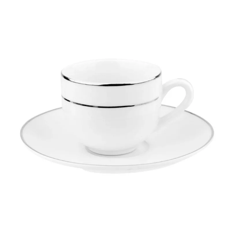 Jogo 12 Xícaras Café 90ml com Pires Porcelana Majesty Silver Prateado Branco Mesa Posta