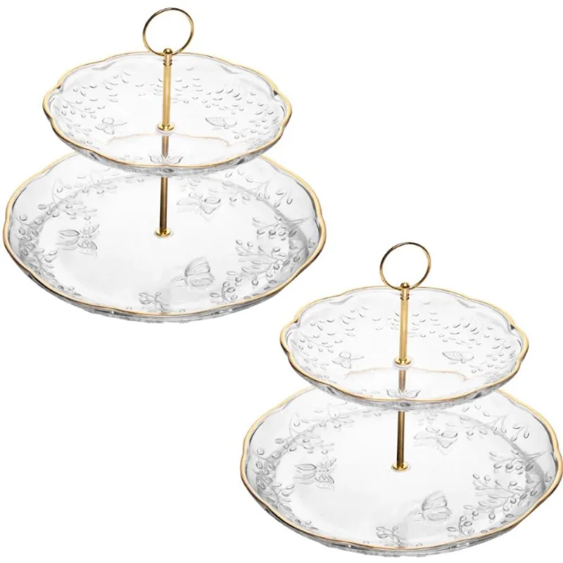 Kit 2 Pratos Duplos Doce Cristal New Butterfly Lyor 2 Andares Festa Docinhos Bolo Servir