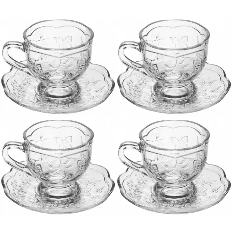 4 Xícaras de Chá 180ml com Pires New Butterfly Lyor Cristal