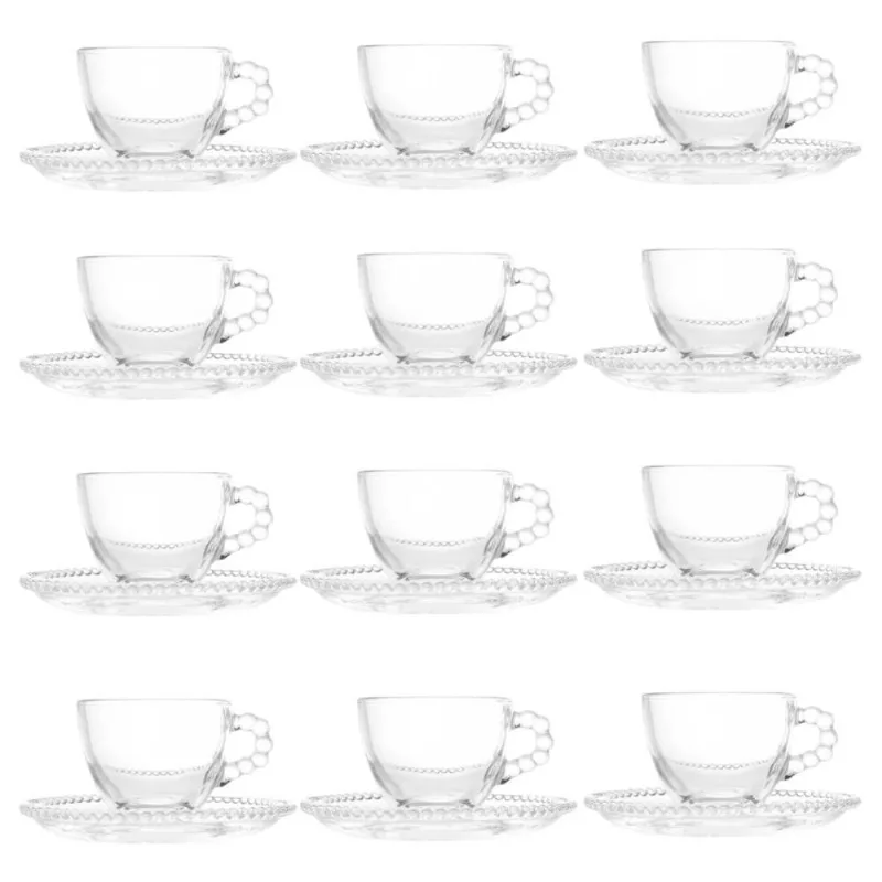 Jogo 12 Xícaras Café E Pires 80ml Vidro Cristal Pearl Wolff Chavena Transparente Cafezinho Cafeteria
