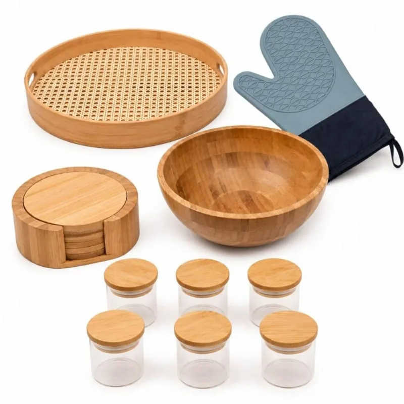 Kit Cozinha Oikos Luva Térmica 6 Potes Herméticos Saladeira Bandeja Porta Copos Bambu Utensílios