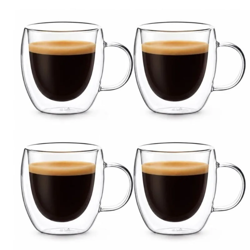 Jogo 4 Xícaras de Vidro Café Chá com Alça Parede Dupla Transparente Capuccino Móveis 150ML - OUTRAS MARCAS - Agro