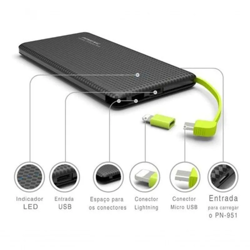 Carregador Portátil Pineng Power Bank 10.000mAh para Recarregar Dispositivos Eletrônicos Preto - Pineng - Celular E Smartphone
