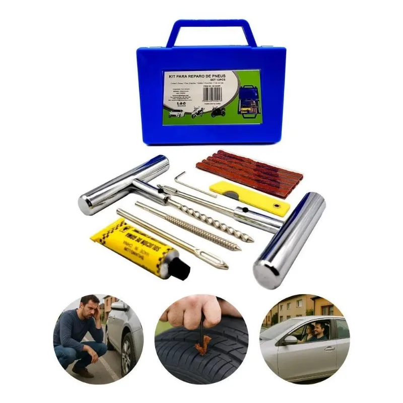 Kit Remendo Ferro Reparo Macarrão Pneu Carro Moto Maleta 12p