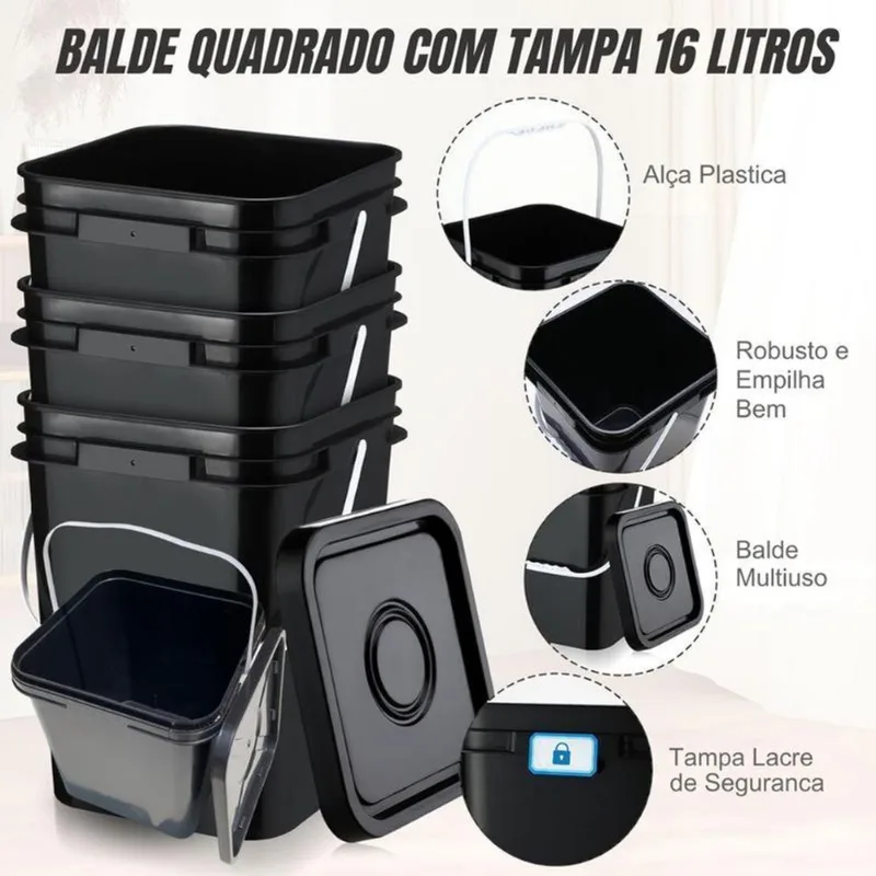 Balde Quadrado 16l Com Tampa Para Graxa