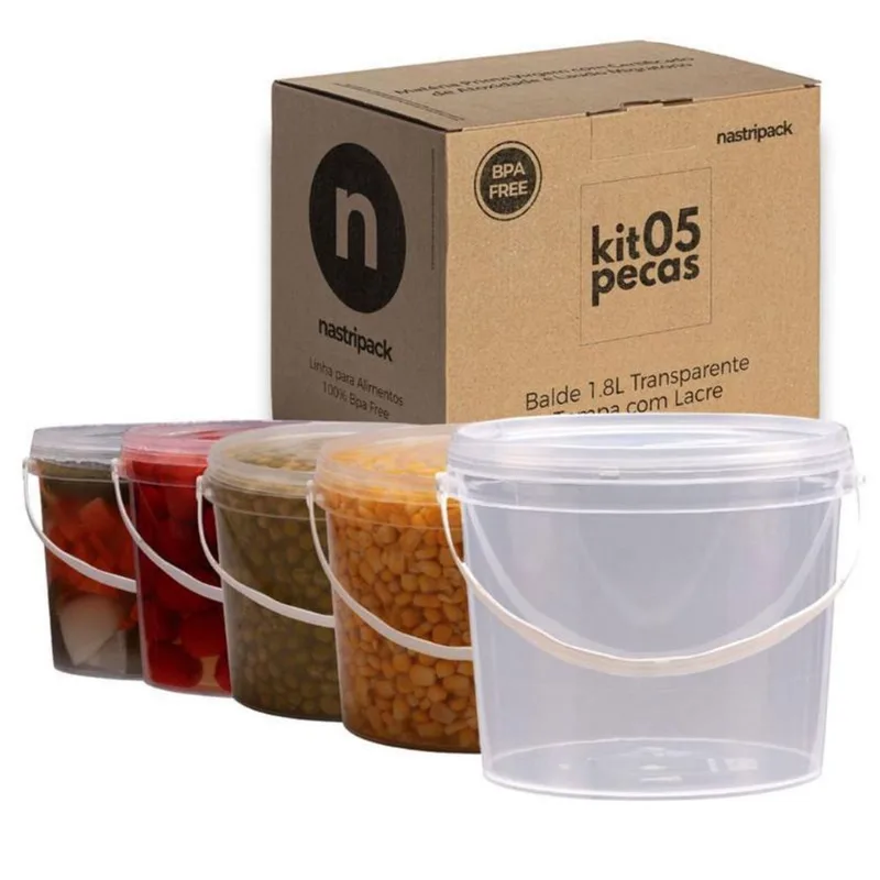 Balde 1.8L Com Tampa Lacre Para Alimentos 5 Pçs