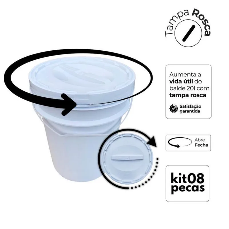 Balde Para Laboratório 20 Litros Tampa Rosca - Kit 8 Pçs