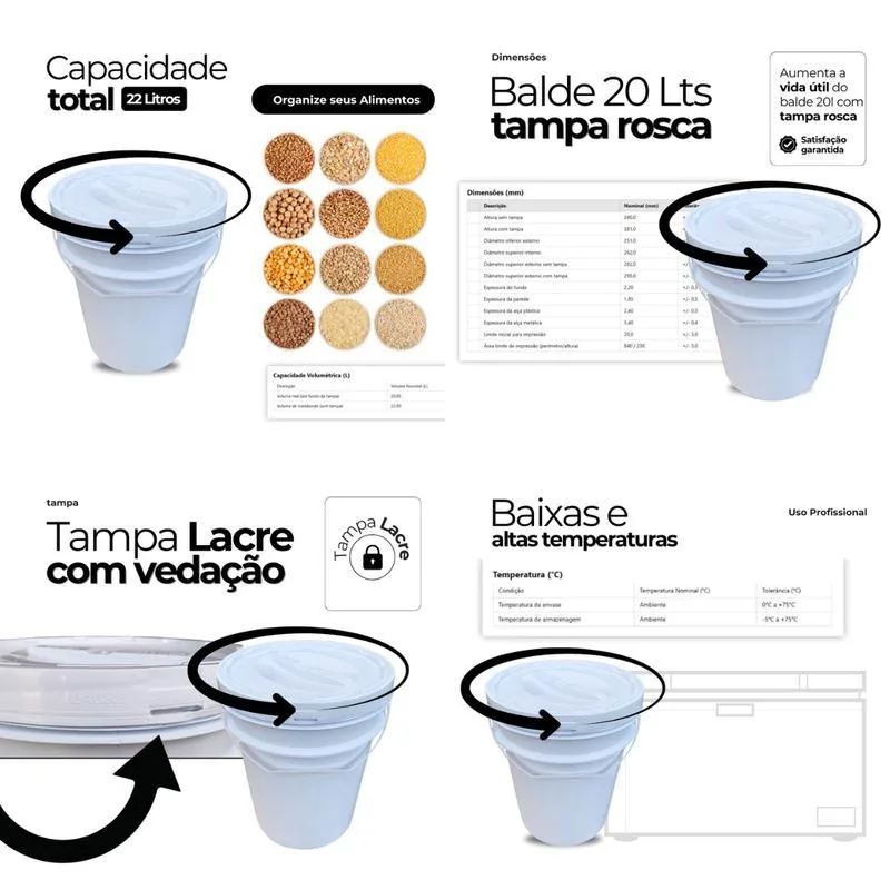 Balde 20 Litros Tampa Rosqueavel Para Vaselina - Kit 11 Pçs