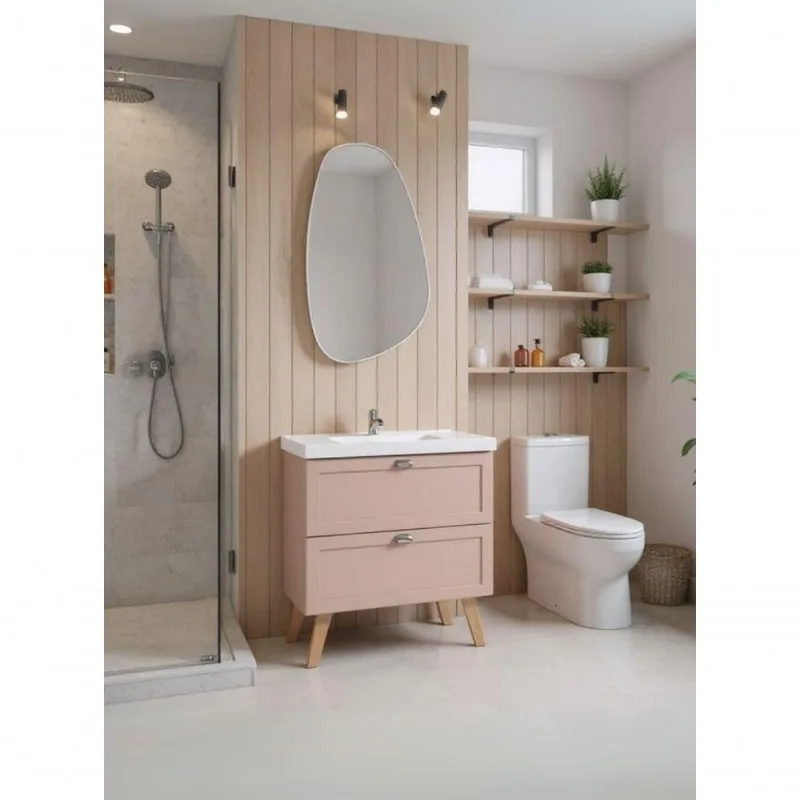 Gabinete Para Banheiro Com Cuba E Espelho Organico 80cm Retro Mdf Rosa Milano - On Móveis