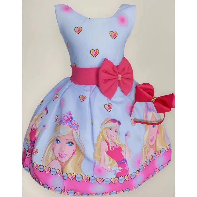 5x Vestido Infantil Barbie Rosa Luxo Boneca + Tiara