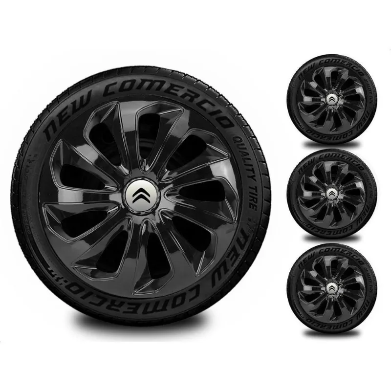 Kit 4 Calota Esportiva Aro 15 Todos Citroen Preto Brilhante