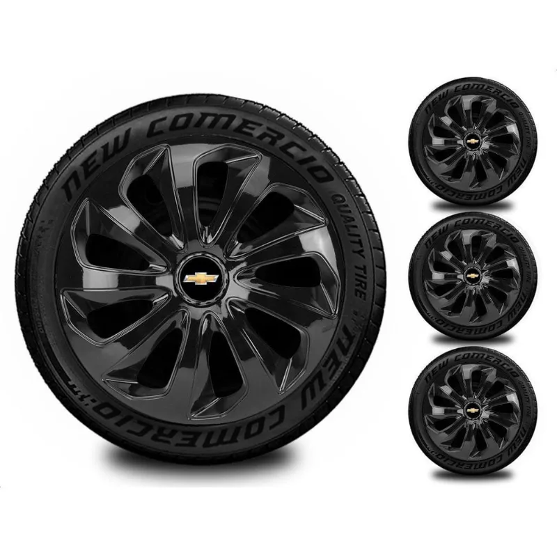 Kit 4 Calotas Esportiva Aro 15 Chevrolet Gm Preto Brilhante