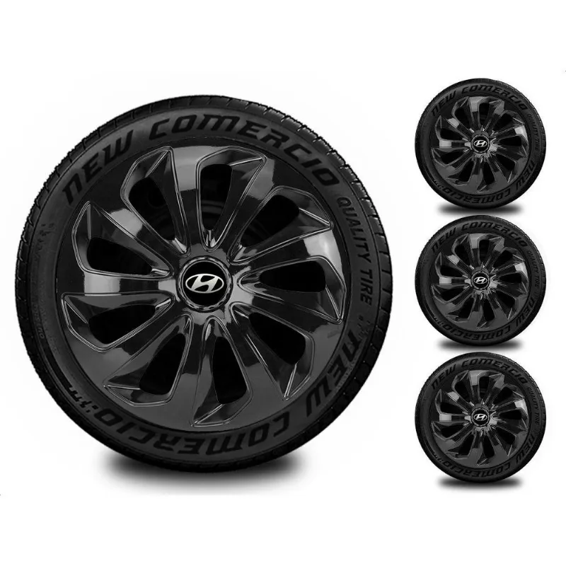 Kit 4 Calota Esportiva Aro 15 Hyundai Todos Preto Brilhante