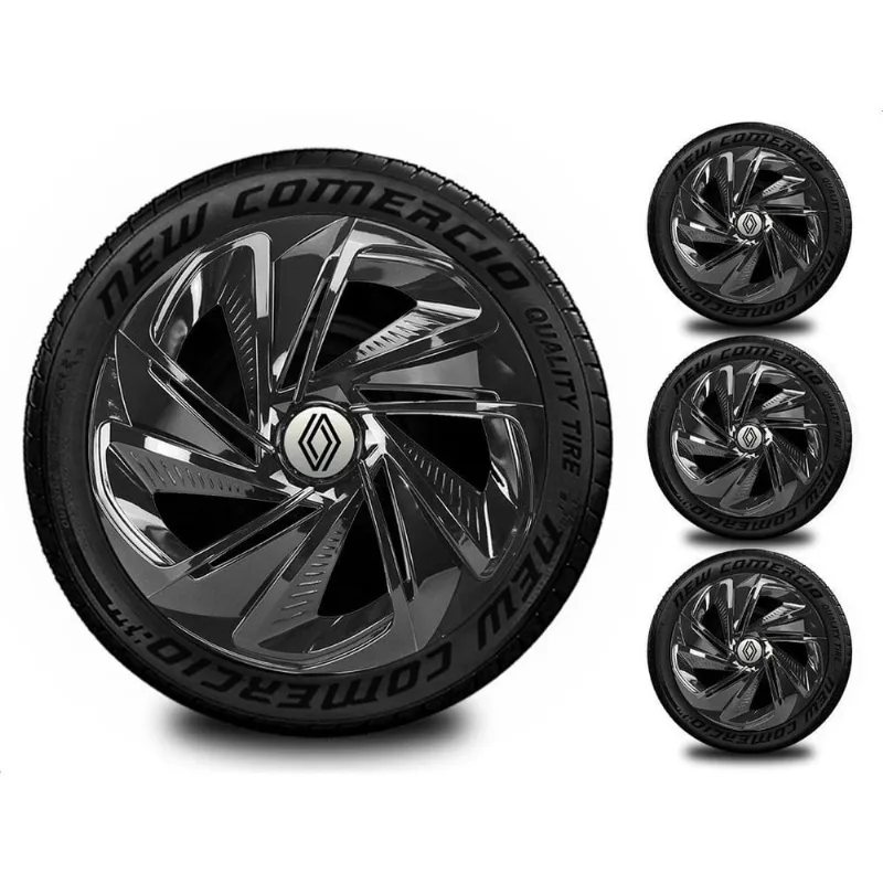 Kit 4 Calota Esportiva Aro 13 Todos Renault Preto Brilhante