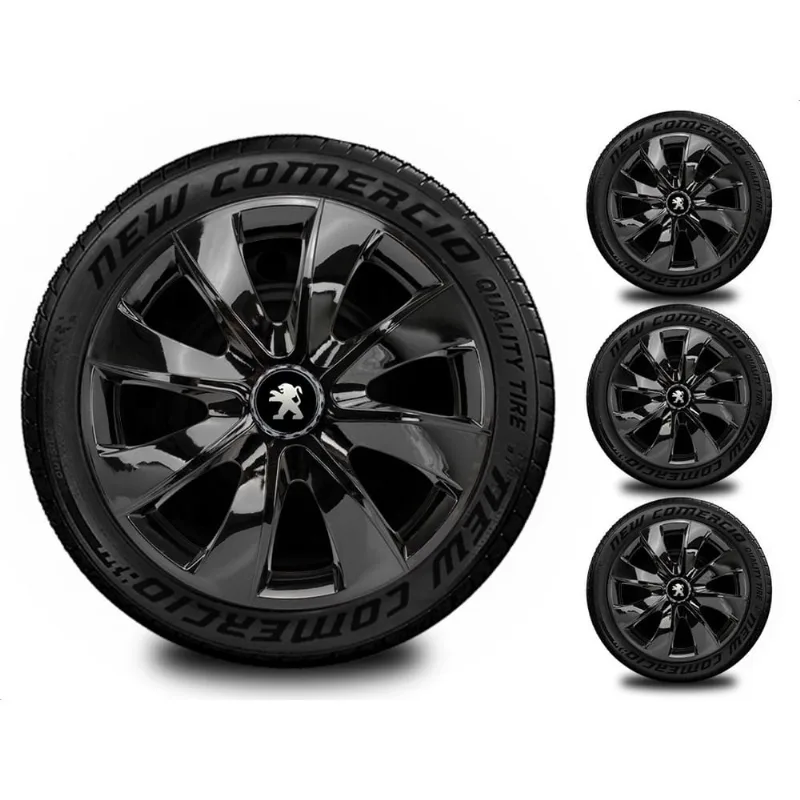 Jogo 4 Calota Esportiva Aro 14 Todos Peugeot Preto Brilhante