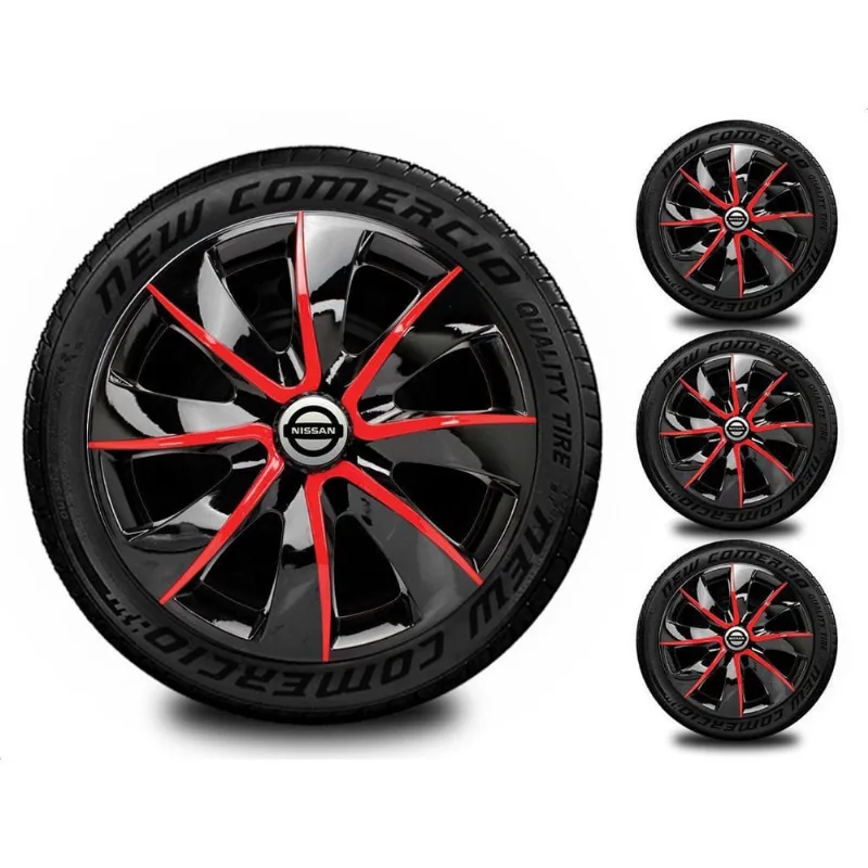 Jogo 4 Calota Esportiva Aro 14 Todos Nissan Preto Vermelho
