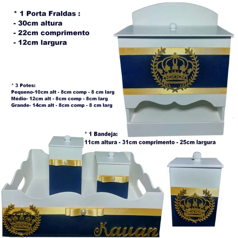 Kit de Higiene de bebê madeira Mdf menino 5 pçs - azul marinho de coroa