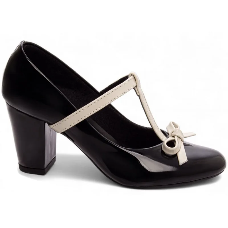 Sapato Social Scarpin Scarpan Salto Médio Alto Grosso Feminino 7 cm Boneca Verniz Preto Torricella