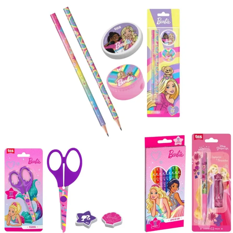 Kit Escolar Barbie e Princesas Disney Tris Completo com Lápis, Tesoura e Lapiseira Volta as aulas