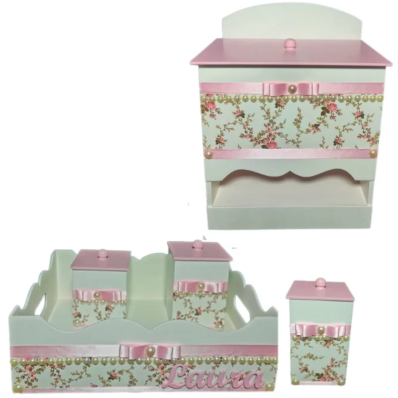 Kit de Higiene de bebê madeira Mdf Menina 5 pçs - branco florido perolas tampas rosa