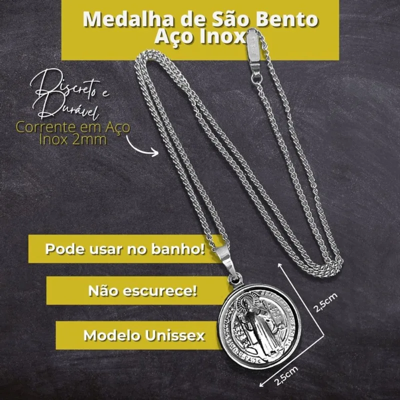 Colar Medalha Milagrosa de São Bento Tradicional Aço Inox
