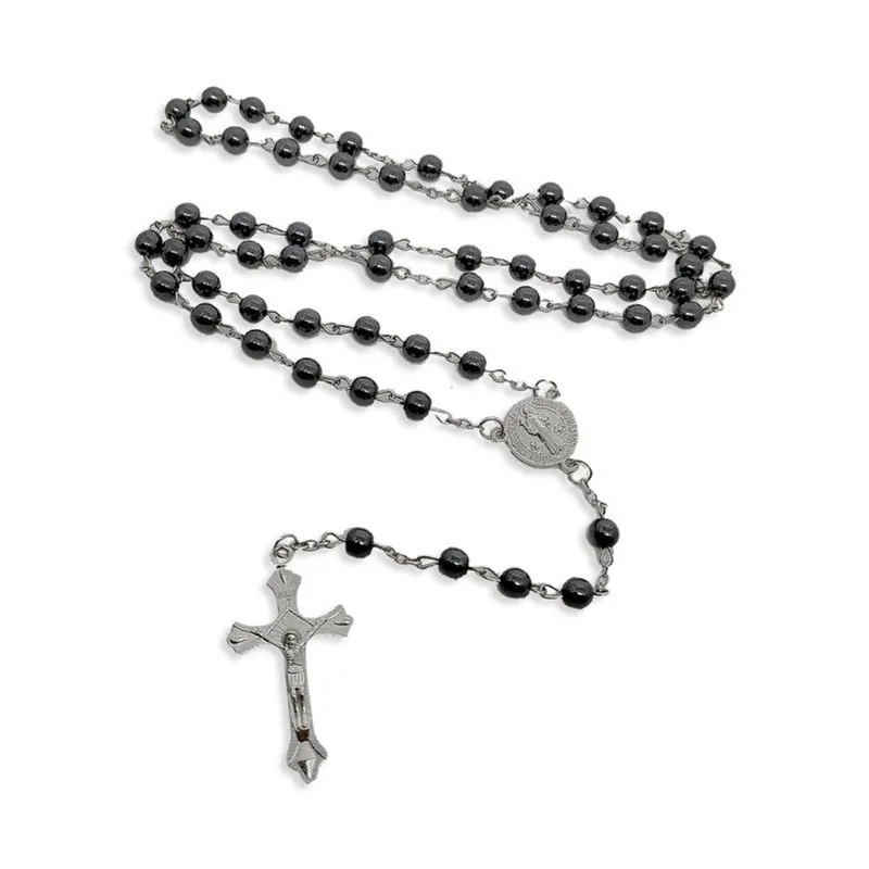 Terço Hematita Com Crucifixo São Bento Preto