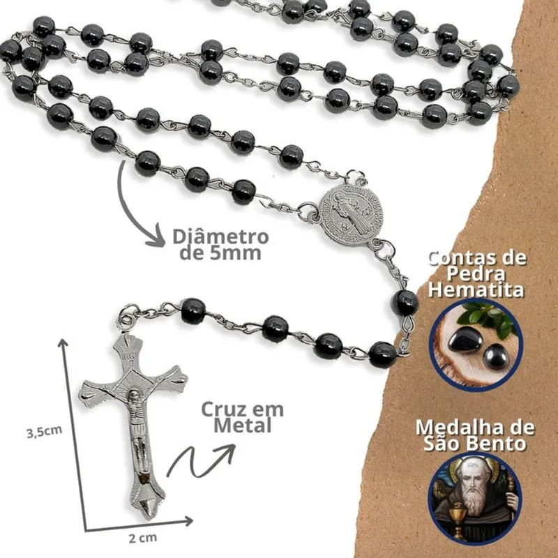 Kit 5 Terço São Bento Católico Hematita Atacado Revenda