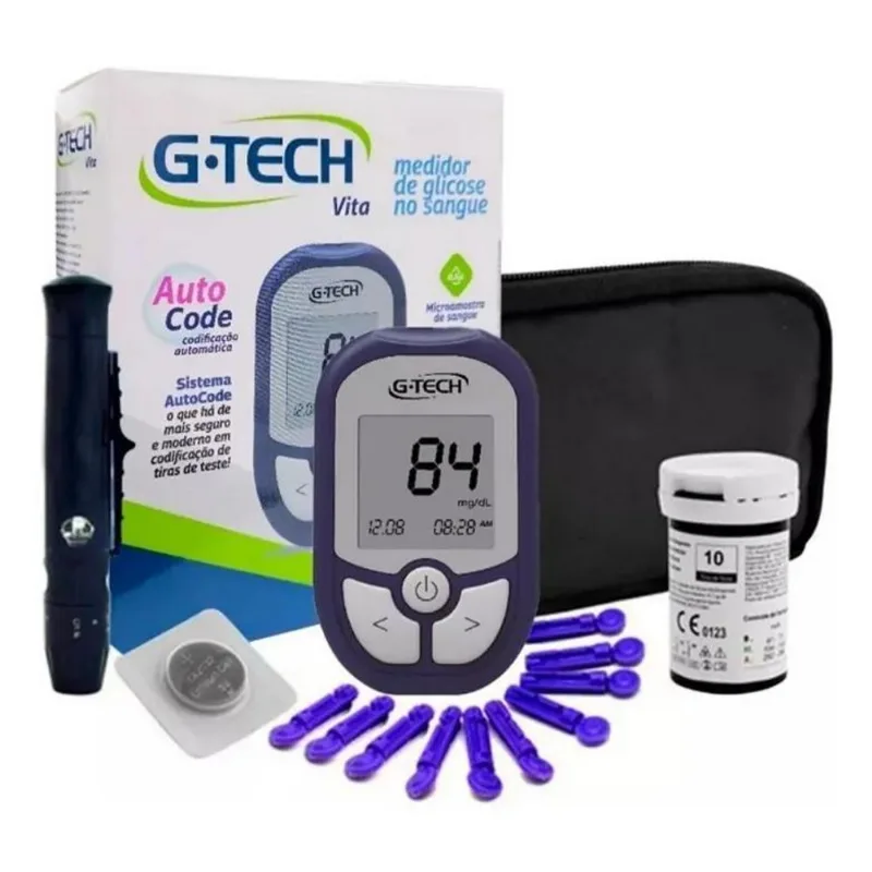 Kit Monitor Medidor De Glicemia Glicose G-tech Vita Cor Azul