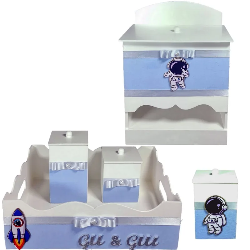 Kit de Higiene de bebê madeira Mdf menino 5 pçs - Astronauta Branco e azul bb