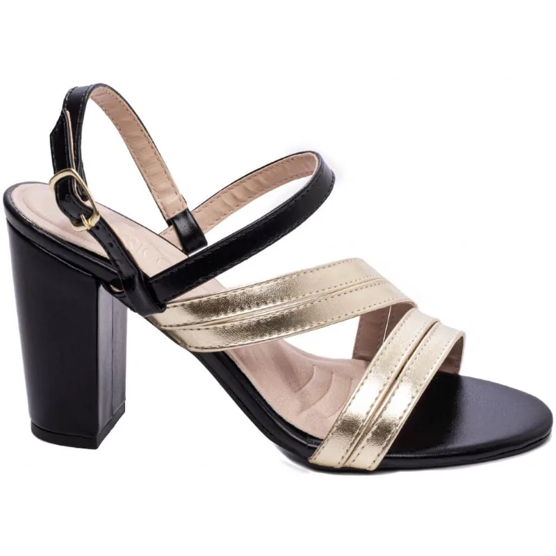 Sandália Feminina Salto Alto Grosso Fashion Ouro Ligth Preta Preta Torricella