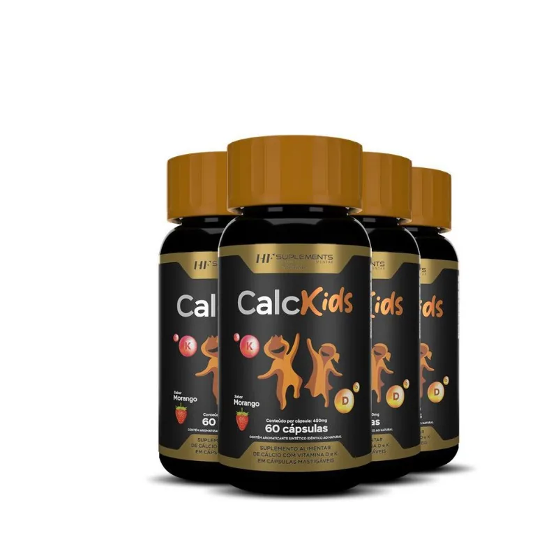 4x Calcio Kids 60caps Mastigavel Sabor Morango Hf Suplements