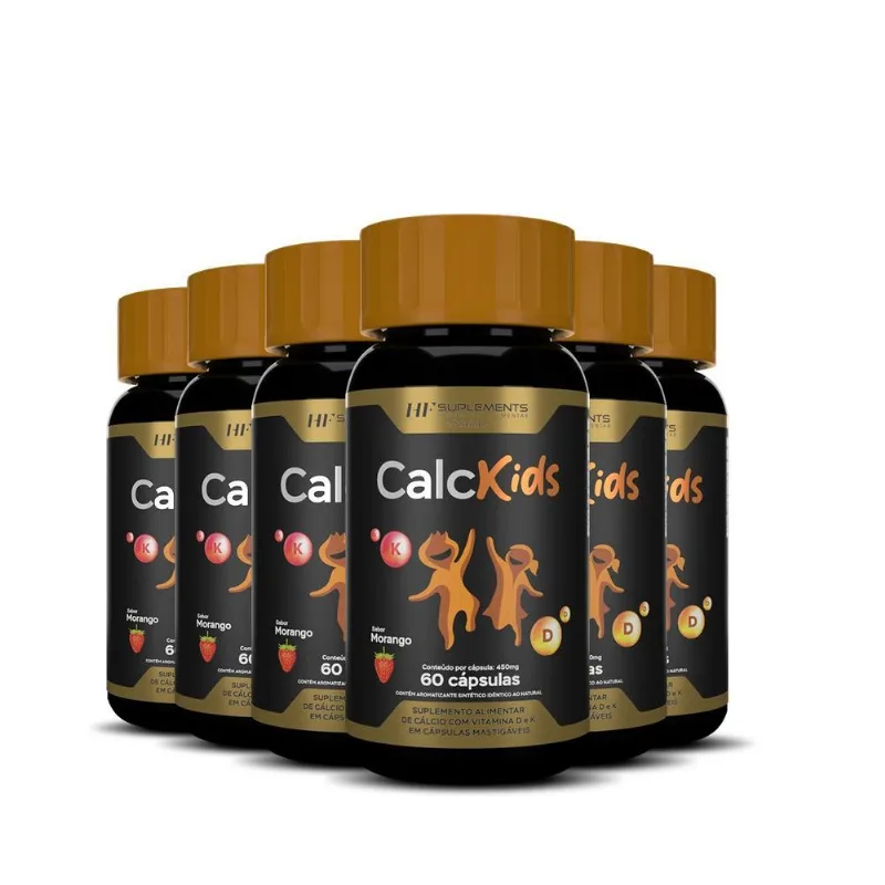 6x Calcio Kids 60caps Mastigavel Sabor Morango Hf Suplements