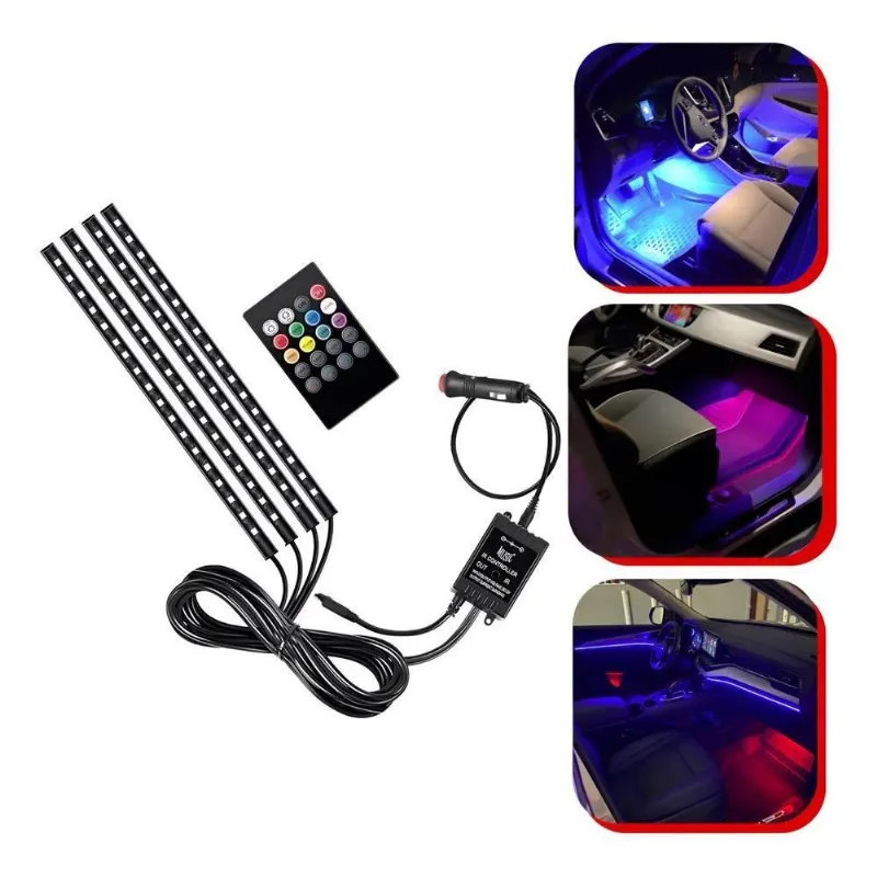 3x Kit Iluminação Interior Carro 12 Led Luz Rgb Controle 12v