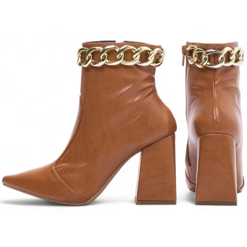 Bota Cano Médio Salto Alto Grosso Bloco Bico Fino Feminina 12 cm Caramelo Torricella