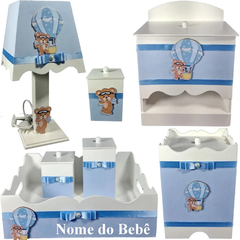 Kit de Higiene de bebê Mdf quarto menino 7 pçs - ursinho balão azul bb